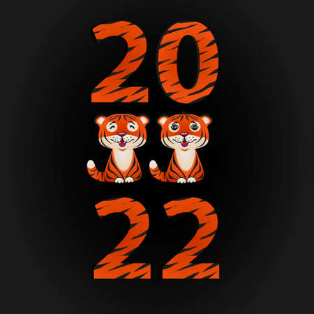 the numbers 2022 in tiger skin and tiger cubs in vector on a black background stackのイラスト素材