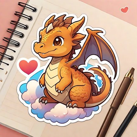 cute stickers, cartoon style, two-dimensional, detailed dragon illustration, lots of heart-shaped clouds in the background, highly detailed, flat vector, character design, light brの素材