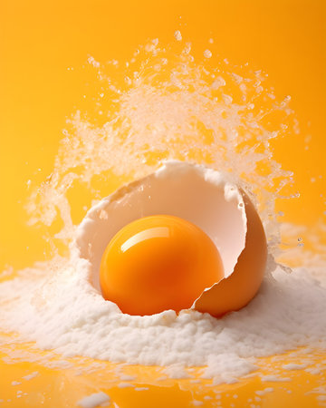 Egg yolk in shell on orange background. AI generativeの素材