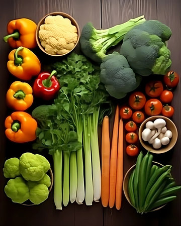 Fresh vegetables on wooden background. Copy space area for text. AI Generativeの素材