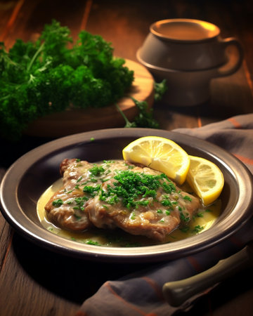 Veal with lemon on wooden background. AI Generative.の素材