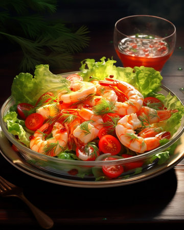 Salad with shrimps and tomatoes on wooden background. AI Generative.の素材