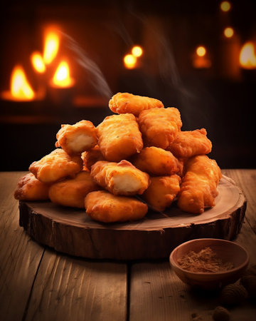 Chicken nuggets on wooden background. AI Generativeの素材