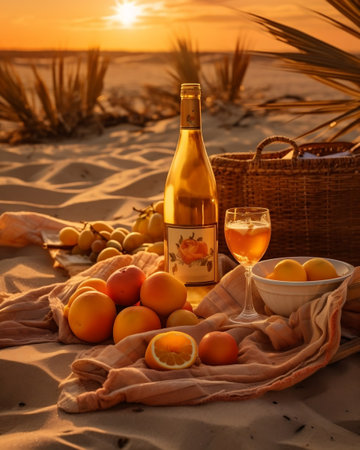 Picnic on the beach at sunset. AI generativeの素材