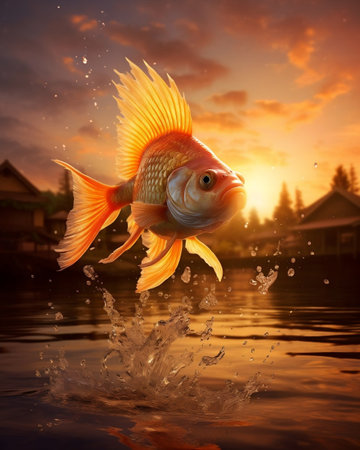 Goldfish on orange sunset background. AI generativeの素材