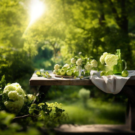 Still life with green apples in a natural landscape. AI generativeの素材