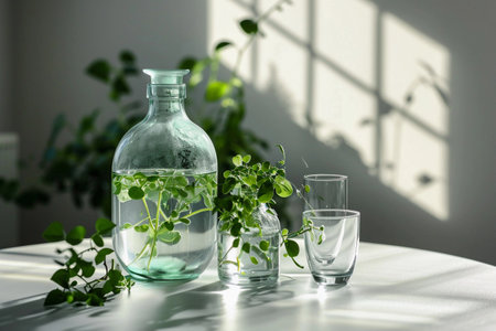 glass bottle and glass glass with a green plant inside, on a white table, in the interior of a minimalist roomの写真素材