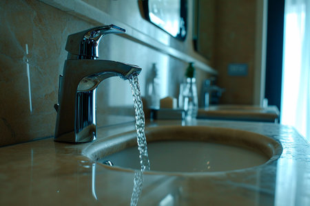 clean water pours from a tap, close-up of pouring water, interior of a modern bathroomの素材