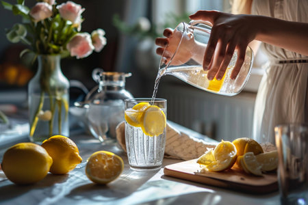 a woman pouring water with lemon into a glass, , healthy life concept, modern kitchen interiorの写真素材