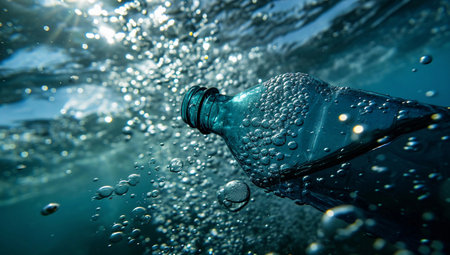 plastic bottle in water, bubbles in water, side viewの素材