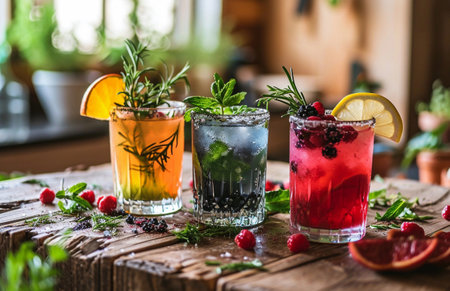 three detox cocktails on a wooden table, modern kitchen interior, cocktails with berries, fruits and vegetablesの素材