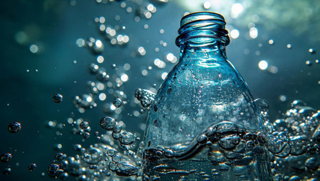 plastic bottle in water, bubbles in water, close upの素材