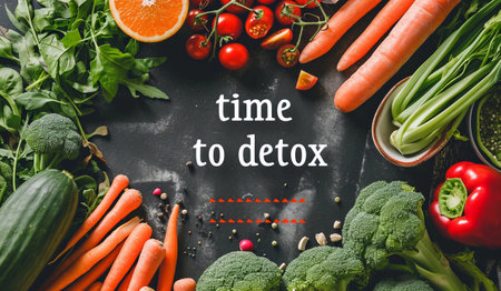 vegetables and fruits with text in the center of the image time to detox, flatlay, healthy eating concept, detox dietの素材