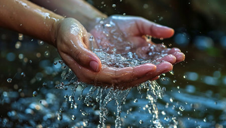 crystal clear water pours into the human hands, close-up, outdoorsの素材