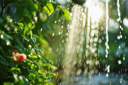 watering garden flowers, sunny day, water flows onto the plantsの素材