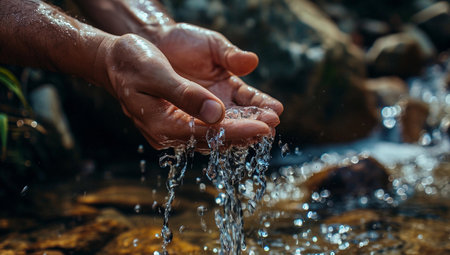 water pours into the human hands, close-up, stream waterの素材