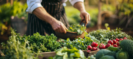 farmer harvesting fresh vegetables and greenery from the garden, sunny day, outdoorsの素材