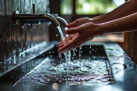 clean water pours from a tap into human hands, interior of a modern bathroomの素材