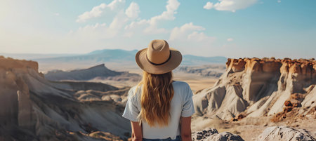 a girl stands among the mountains and admires the mountain landscape, negative spaceの素材