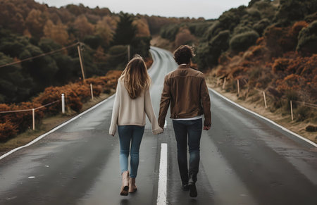 woman and man walking forward along the road, romantic style, man and woman holding handsの素材