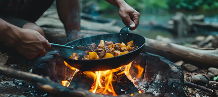 man frying food in a frying pan over a fire, food content creator, negative spaceの素材