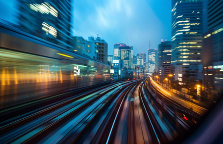 Blurred night cityscape from the window of a high-speed train, dynamism of urban travelの素材
