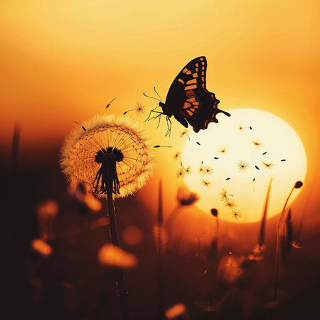 a dandelion with its seeds dispersing in the wind, composition with butterfly, copy spaceの素材