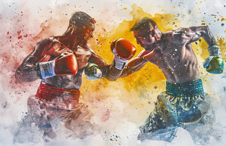 Watercolor artwork of male boxers in action,vibrant watercolor splashes, dynamism of boxingの素材
