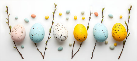 Flat lay easter composition with a willow branch and eggs on a white background, colorful patternの素材