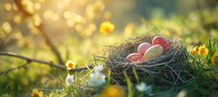 Nest with easter eggs in green grass on a sunny spring dayの素材