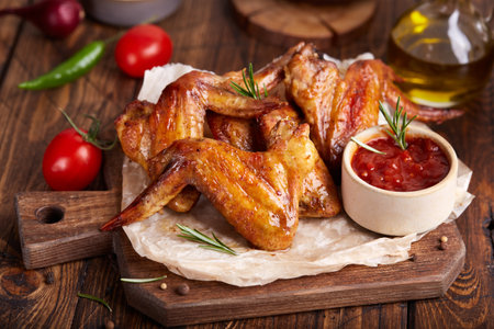 Backed Chicken wings served with rosemary and barbecue sauce. Delicious homemade appetizer.の写真素材