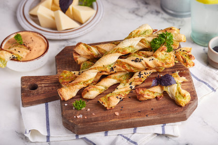 Bread sticks grissini with parmesan cheese and spinach filling. Savory snack. Delicious homemade...