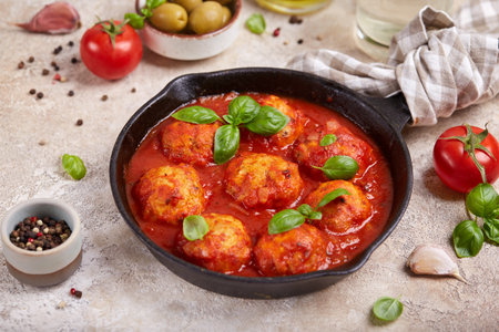 <p>Chicken meatballs from minced meat baked with tomato sauce and herbs, served with basil leaves. Healthy dinner for the family. </p>の写真素材