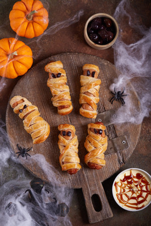 Halloween food: sausages baked in a puff pastry dough cover in a shape of mummies. Pigs in a blanket. Delicious and scary treats.の写真素材