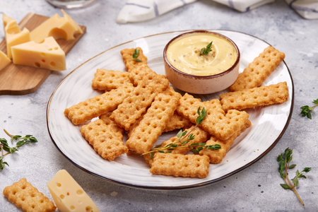 Cheese cookie crispy cracker. Savory snacks. Delicious homemade appetizer.の写真素材