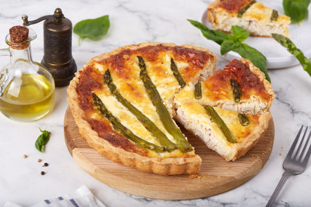 Quiche open tart pie with asparagus and chicken meat. Savory taste. French cuisine.の写真素材