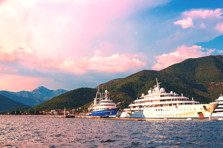 Blue sky and beautiful mountains in Boka Kotor Bay, Montenegroのeditorial素材