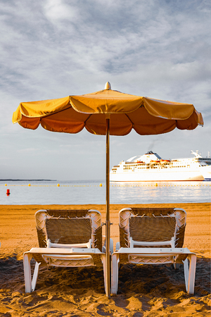 Beach chair with umbrella with blue sky on beautiful tropical beach,Relaxing time. Tenerifeの写真素材