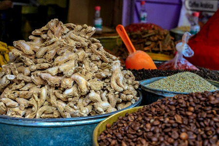 Traditional Spices at the market Marrakesh, Morocco. Coffee, paprika, ginger, dried ginger, pepper,...