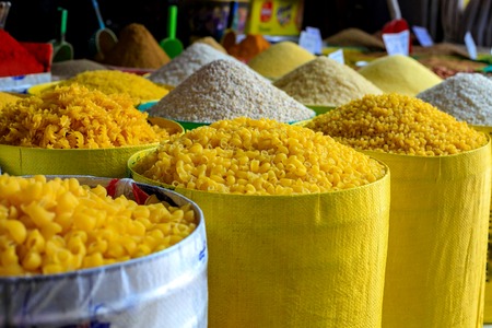 A large bag of pasta and couscous in a traditional Moroccan market. Morocco