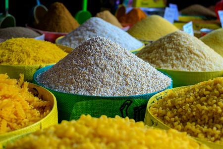A large bag of pasta and couscous in a traditional Moroccan market. Moroccoの写真素材