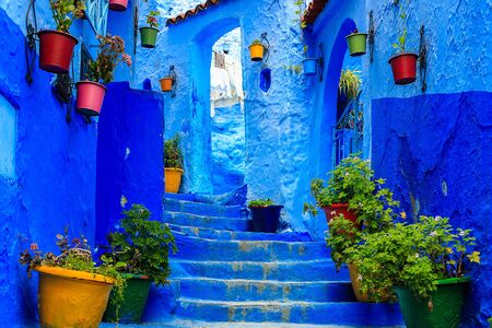 Chefchaouen, a city with blue painted houses. A city with narrow, beautiful, blue streets. Chefchaouen, Morocco, Africaの写真素材