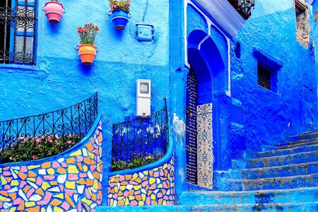 Chefchaouen, a city with blue painted houses. A city with narrow, beautiful, blue streets. Chefchaouen, Morocco, Africaの写真素材