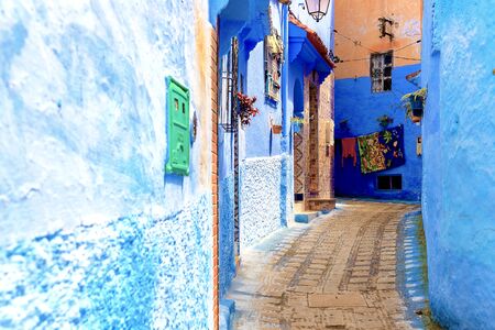 Chefchaouen, a city with blue painted houses. A city with narrow, beautiful, blue streets. Chefchaouen, Morocco, Africaの写真素材