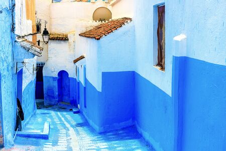 Chefchaouen, a city with blue painted houses. A city with narrow, beautiful, blue streets. Chefchaouen, Morocco, Africaの写真素材