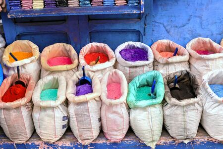 Bags with powder for paint, which are sold in the clear in the city of Chefchaouen. Moroccoの写真素材