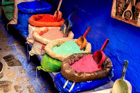 Bags with powder for paint, which are sold in the clear in the city of Chefchaouen. Moroccoの写真素材