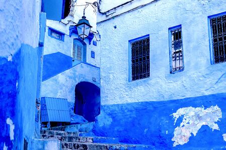 Chefchaouen, a city with blue painted houses. A city with narrow, beautiful, blue streets. Chefchaouen, Morocco, Africaの写真素材