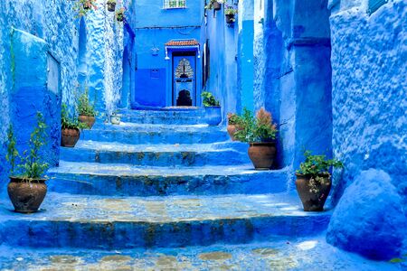 Chefchaouen, a city with blue painted houses. A city with narrow, beautiful, blue streets. Chefchaouen, Morocco, Africaの写真素材