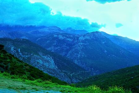 Beautiful sunset in a mountain valley along the road to Chefchaouen in Morocco, Africaの写真素材